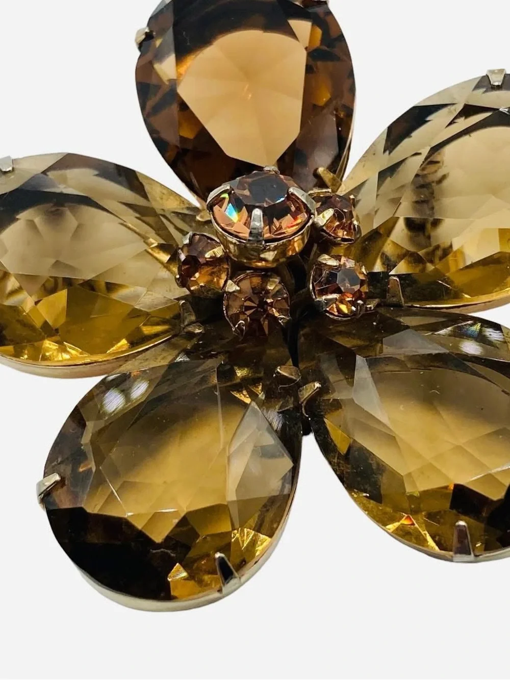 Vintage Bergere Topaz Glass Flower Brooch Clip Earrings Set